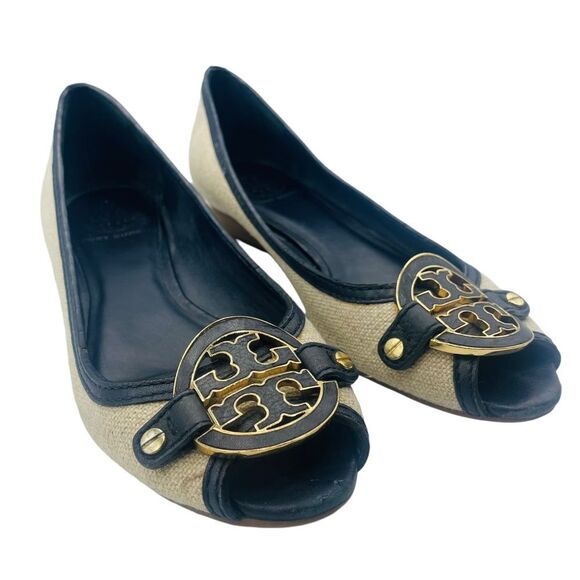 Tory Burch Amanda Open Toe Wedge In Natural/Black 8M - Picture 4 of 11